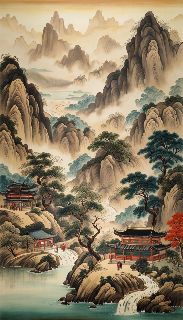 Chinese Landscape Painting with Flowing River
