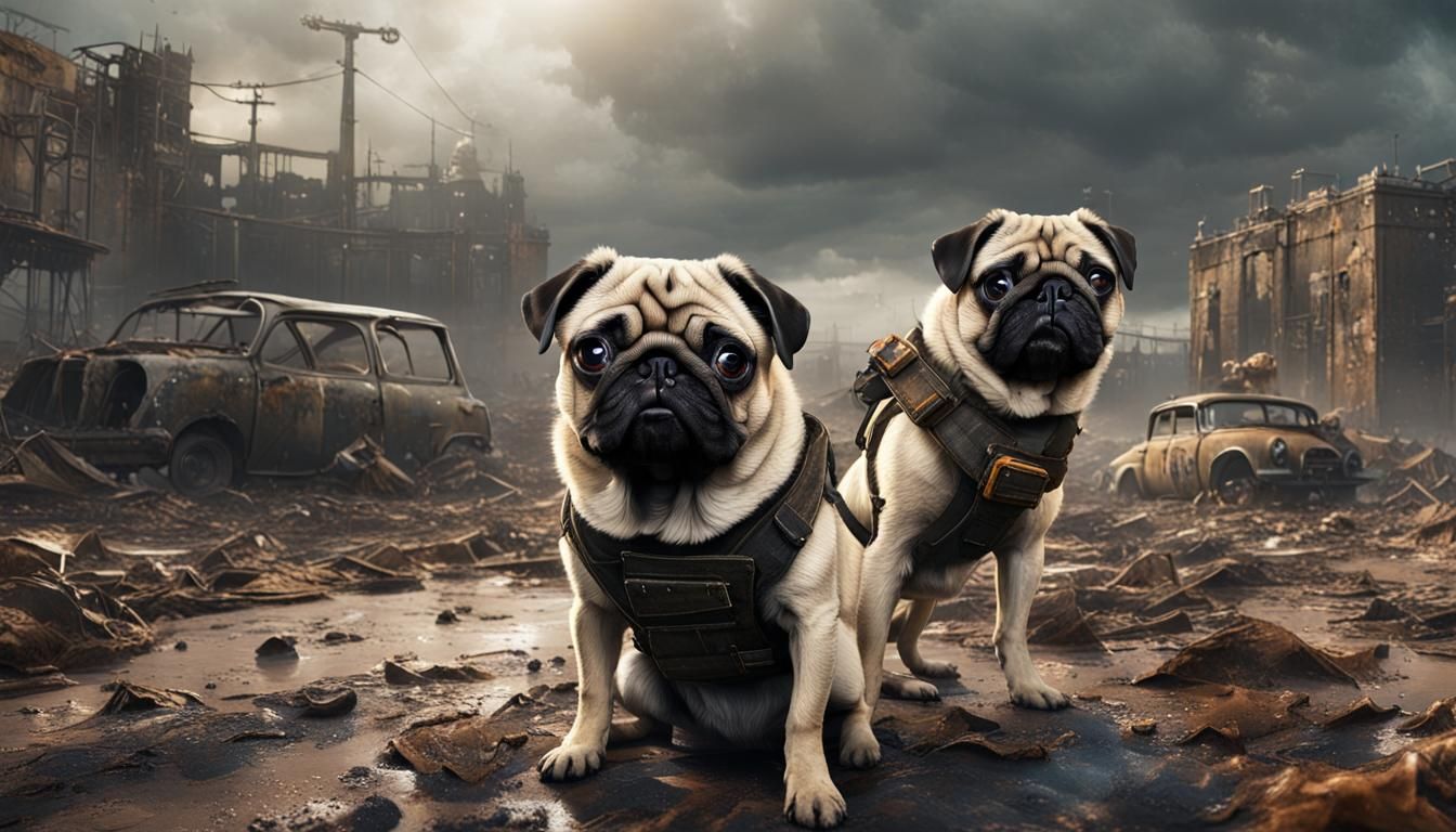 Pugs in a Post-Apocalyptic World: Photorealistic 8k