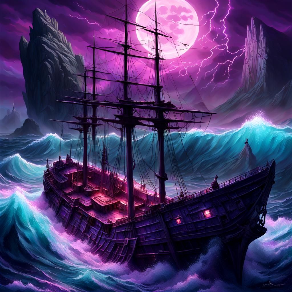 Dramatic Storm at Sea with Wolf and Girl