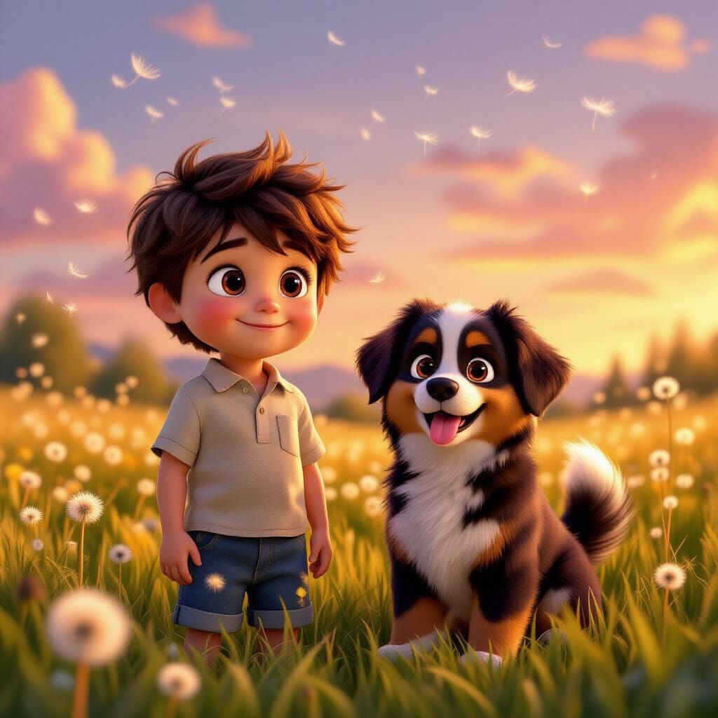 Boy and Puppy in Dandelion Field: 3D Digital Art