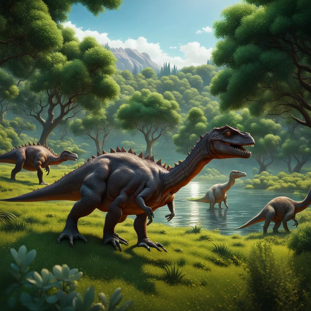 Lush Prehistoric Scene: Dinosaurs Grazing by Lake