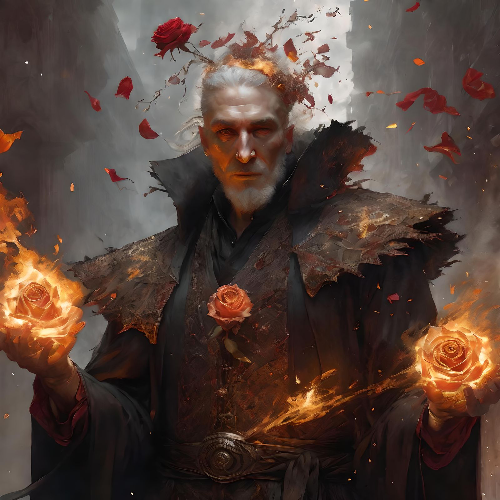 Pyromancer Wizard with Flaming Rose Portrait