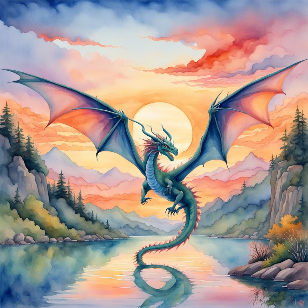 Dragon Soaring Over Tranquil Landscape in Watercolor
