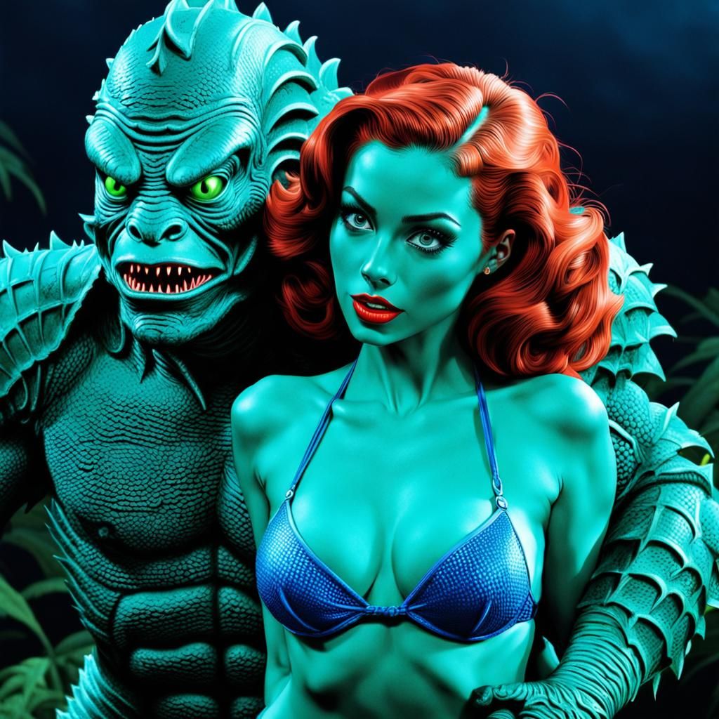 Neon Creature Carries Woman from Black Lagoon