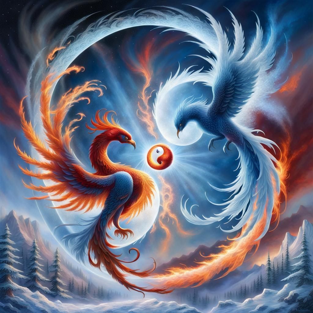 Fire and Ice Phoenix Yin Yang in Cosmic Sky
