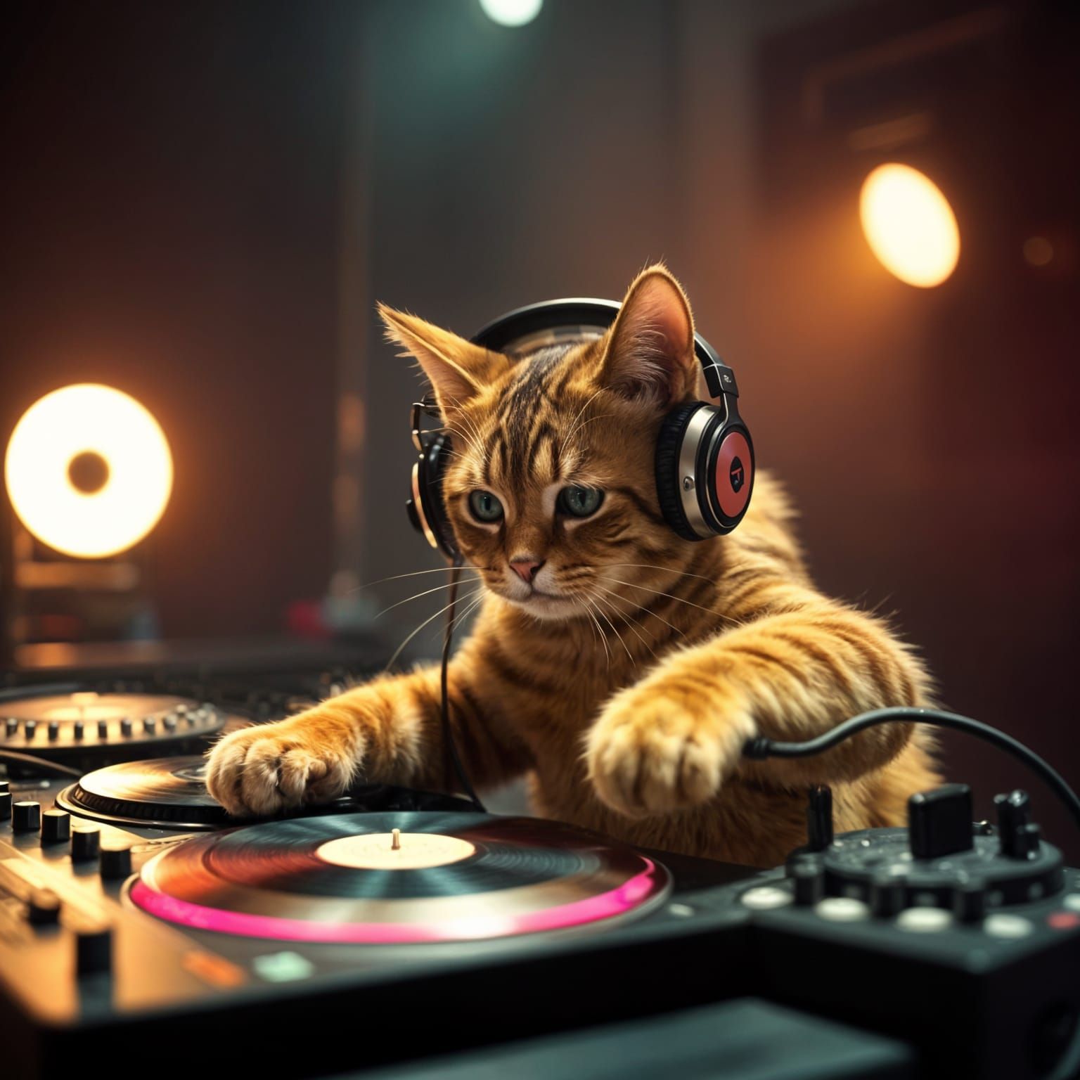 Fun Cat DJ Spinning Records in Cinematic Style