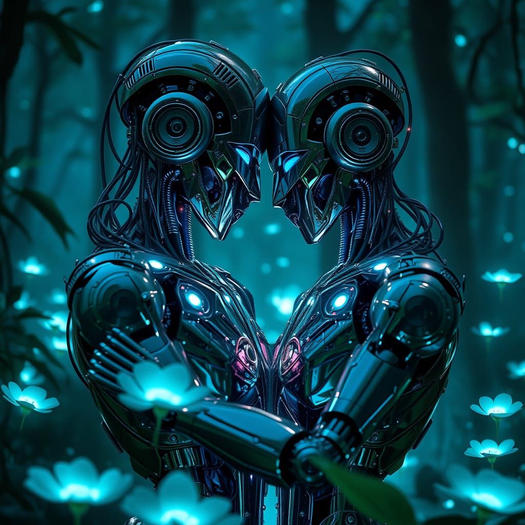 Robots Embrace in Bioluminescent Forest, Expressing First Em...