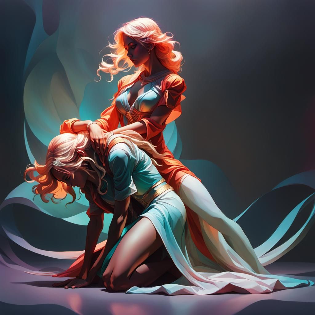 Submissive Form and Dominant Aura in Vibrant Art Nouveau