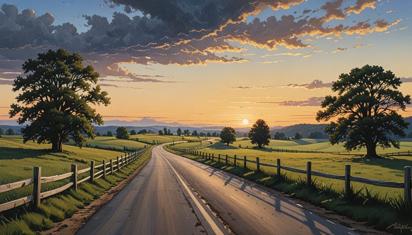 Serene Dusk Landscape with Winding Road