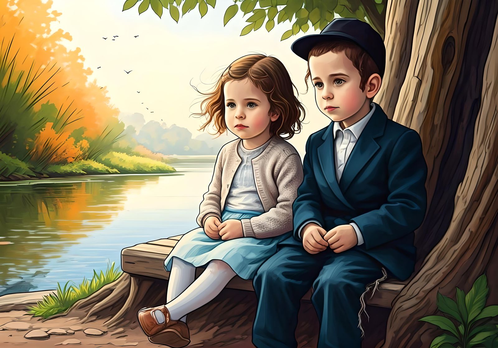 Children on Carved Bench: Watercolor Digital Sketch