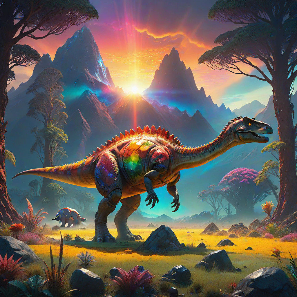 Gemstone Dinosaur Reigns in Vibrant, Biomechanical Fantasy L...