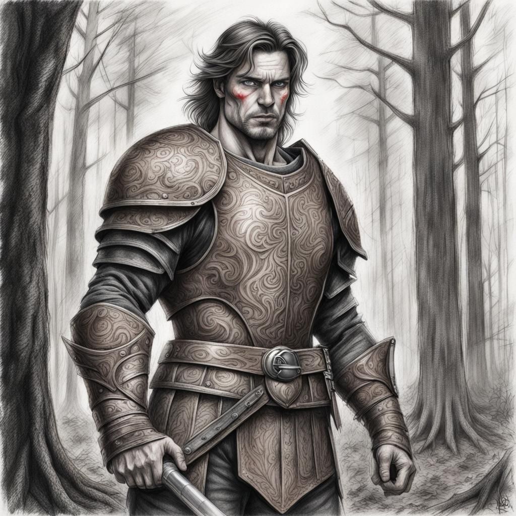 Armored Man in Woods, Gothic Cartoon Style