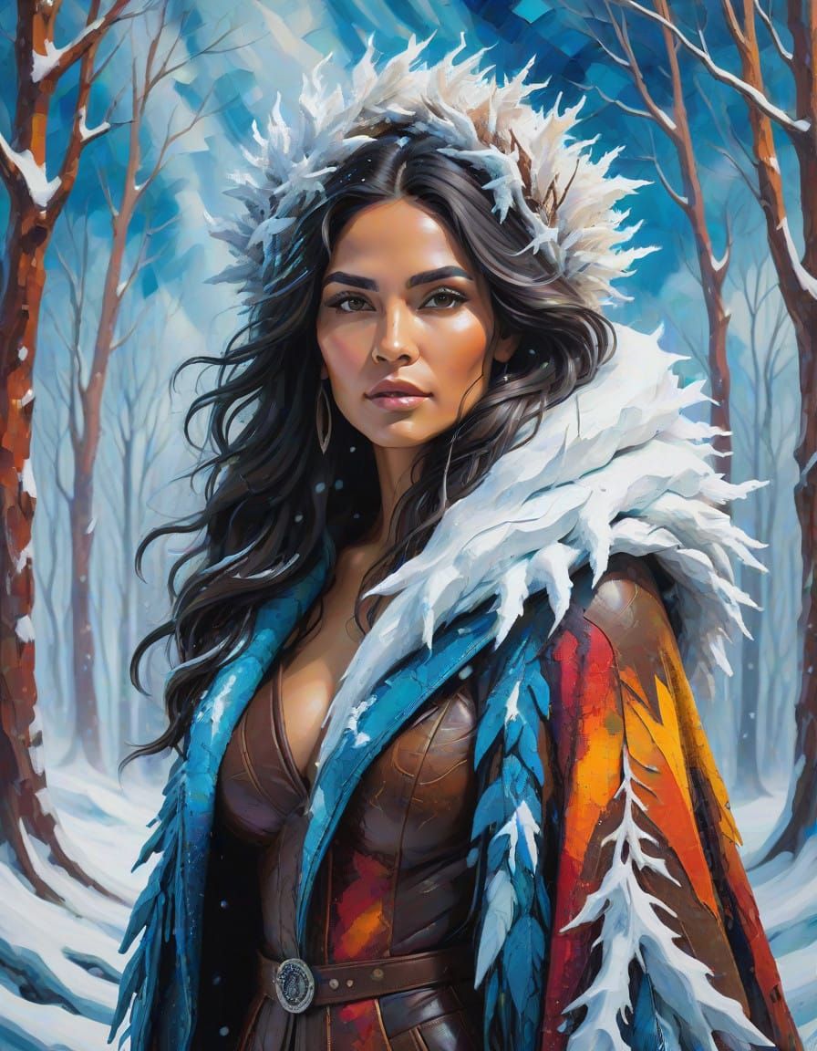 Vibrant Impasto Winter Scene of Latina Druid in Mystical Lan...
