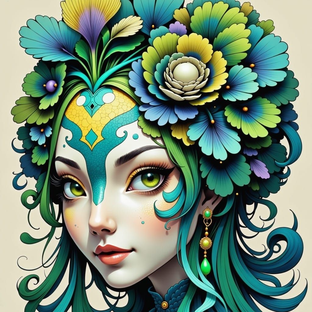 Vibrant Peacock Goddess with Unconventional Eyes in Anime St...