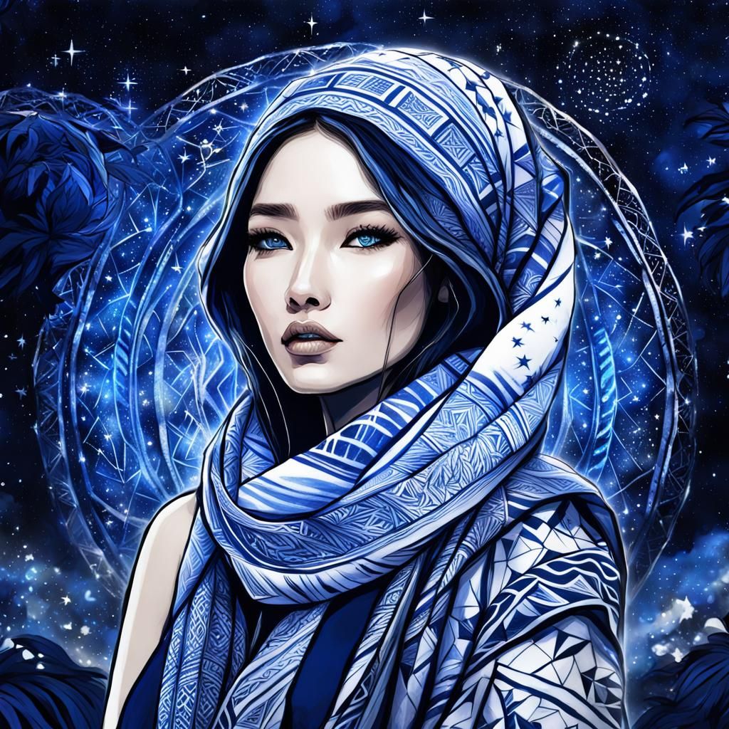 Art style of Glen_Keane, Bella Kotak, Alright_Ink_Style, Mixed_Media: Tribal series, Pinay scarf blue and white, extreme...