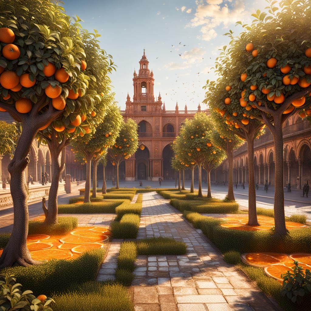 Orange Trees in Seville: Detailed Matte Painting
