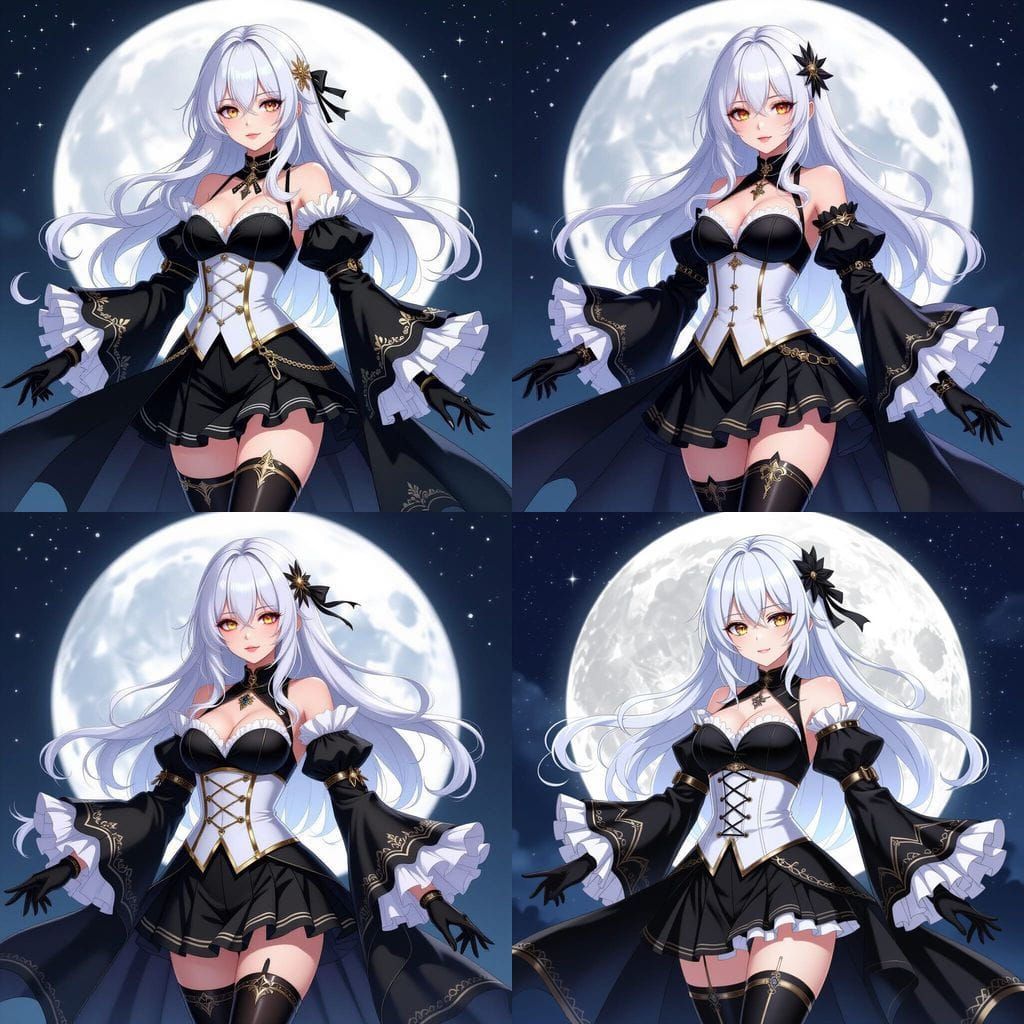 Gothic Anime Girl Poses with Moon in Black Coat