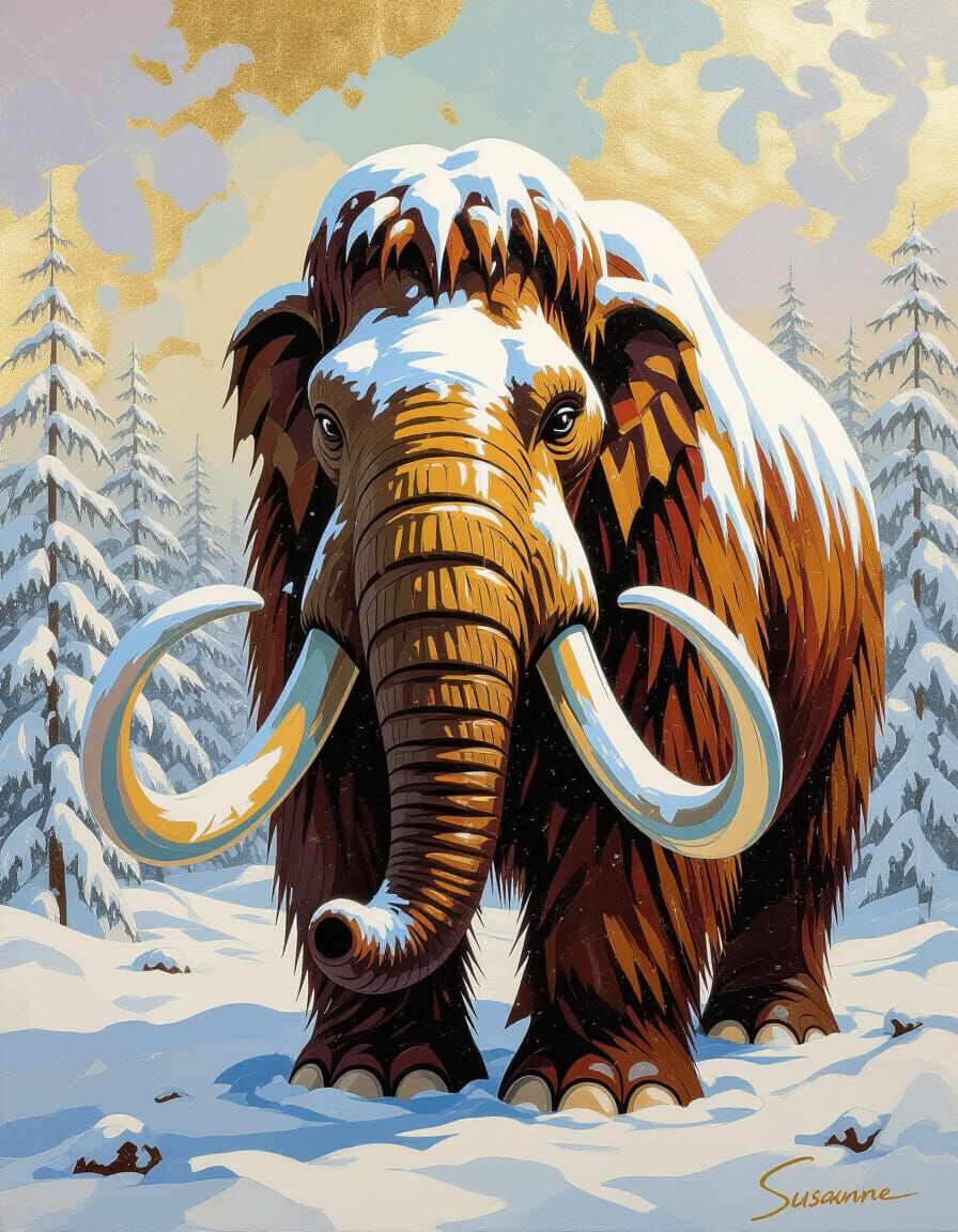 Woolly Mammoth in Snow: Impasto Assemblage Artwork