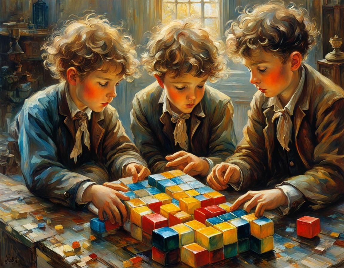 Boys Competing with Rubik's Cubes in Detailed Illustration