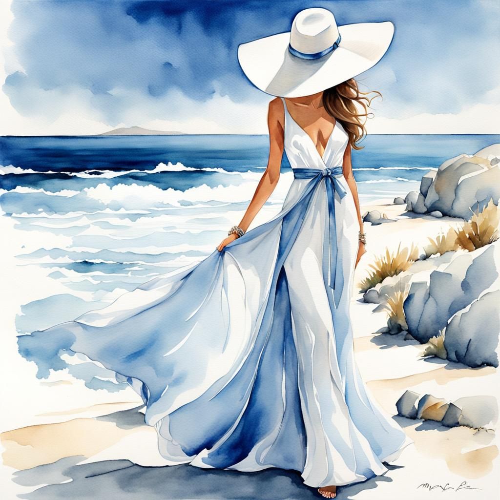 Elegant Woman in White: Watercolor Fashion Illustration