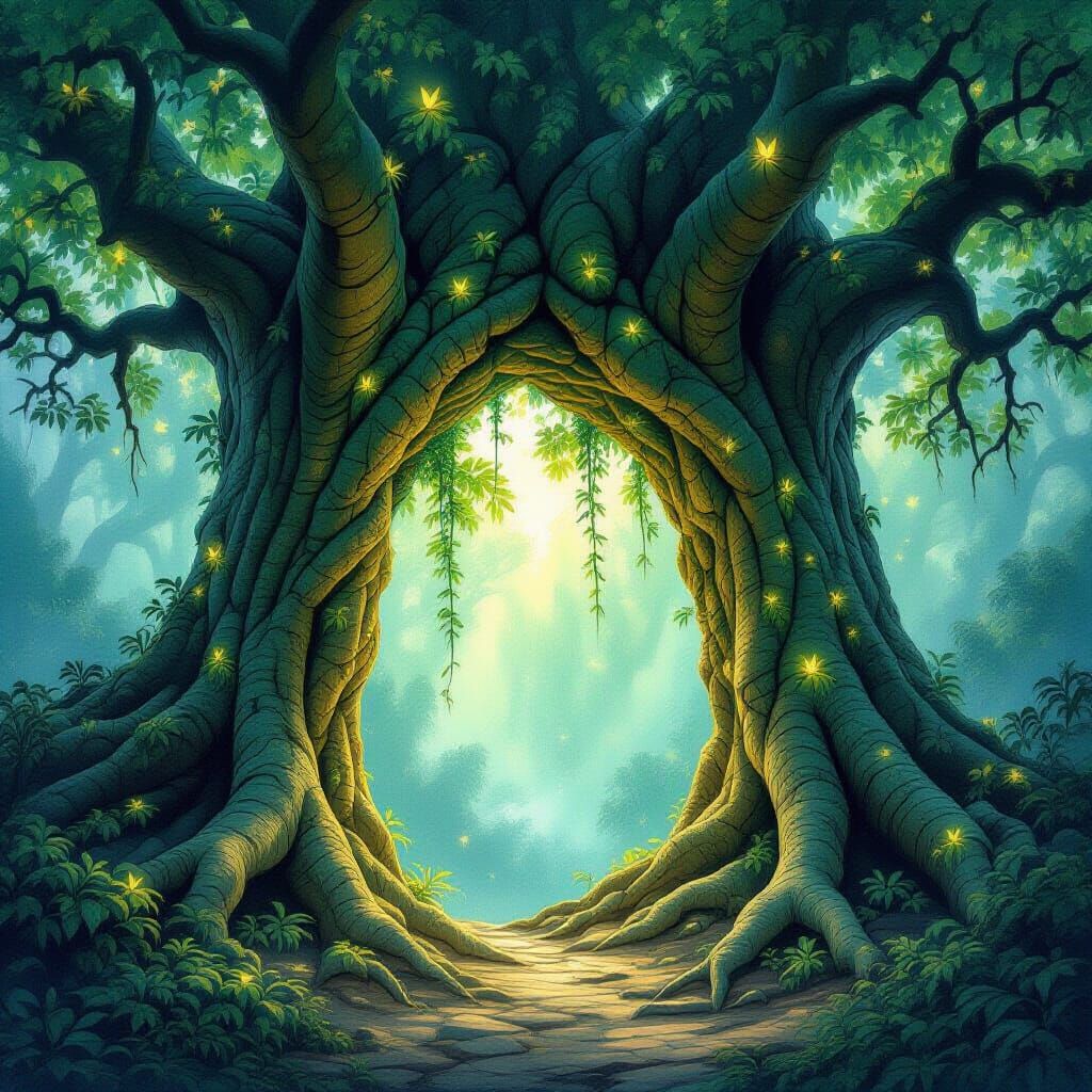 Bioluminescent Jungle Portal Through Ancient Tree