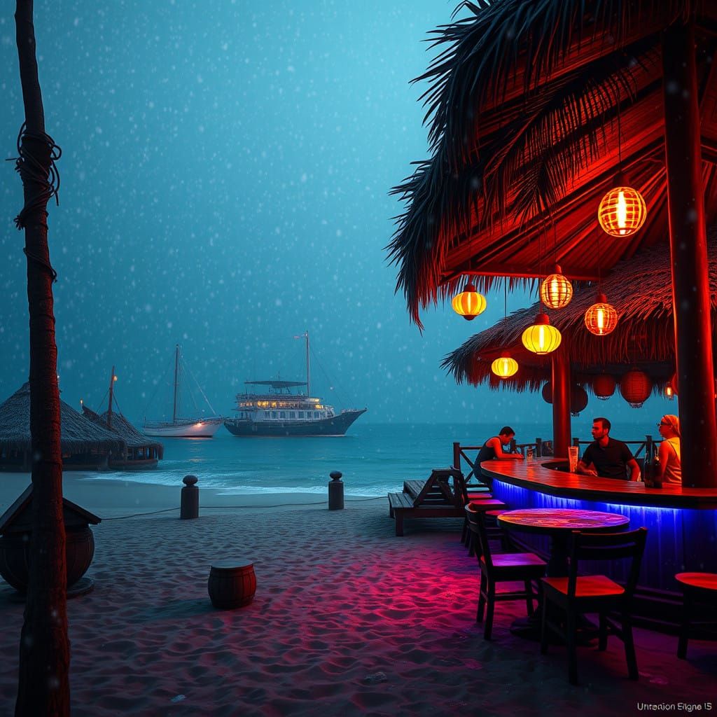 Exotic Jamaican Beach Bar in Fantastical Snowstorm