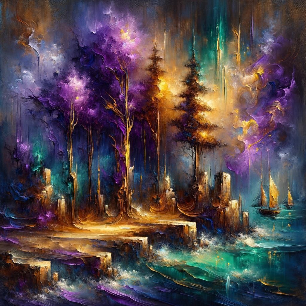 Golden Coastal Forest Erupts from Shadows in Dreamlike Oil P...