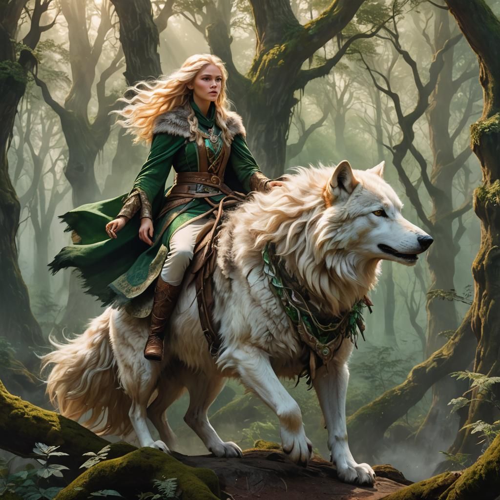Woman Rides White Wolf in Misty Forest