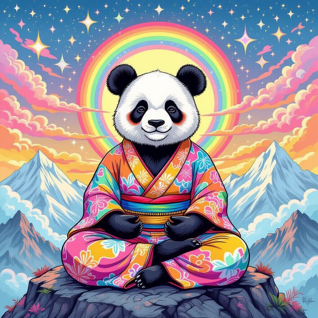 Psychedelic Panda Meditating on a Mountaintop