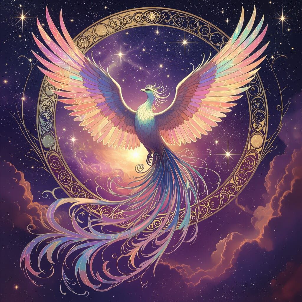 Celestial Phoenix Ascends in Cosmic Art Nouveau Style