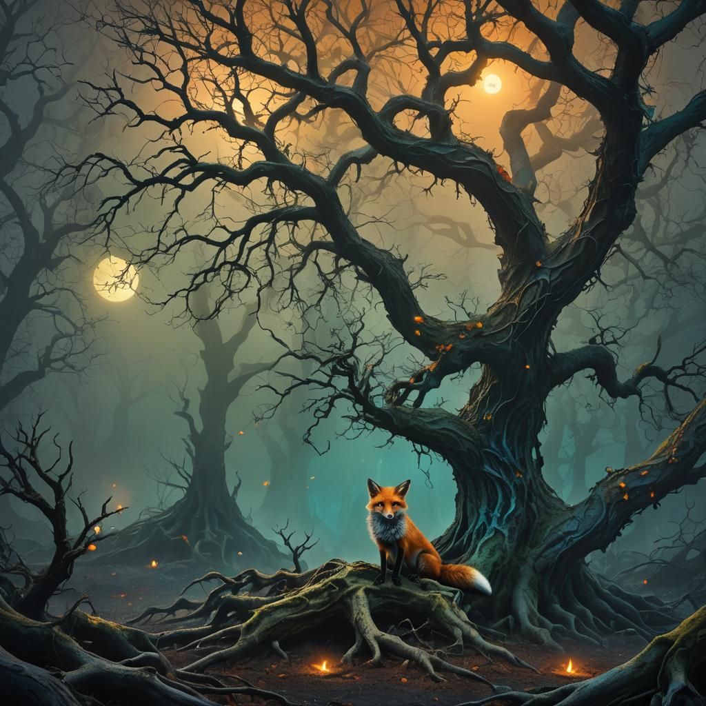 Eerie Fox in Mystical Forest: Digital Matte Painting
