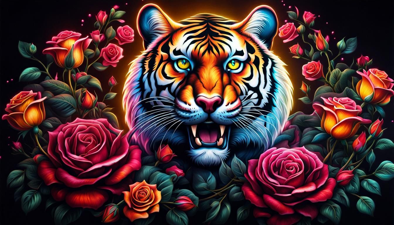 Tattoo design: tiger and roses, color