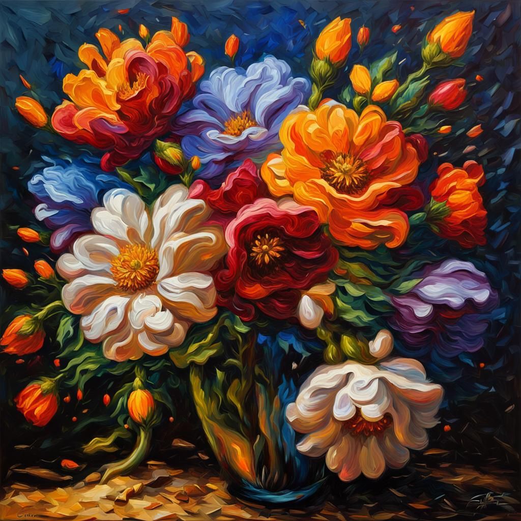 Vibrant Flowers in Impasto Oil Painting Style