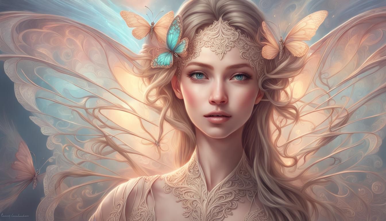 Butterfly-Winged Woman: Digital Art in Pastel Colors