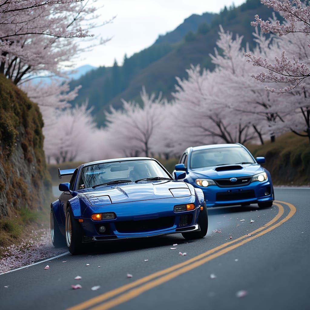 Tuned Cars Drifting on Cherry Blossom Road