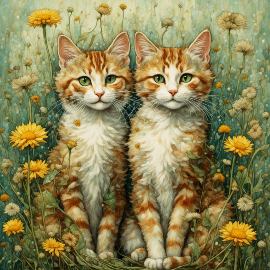 Tabby Cats with Dandelions in Art Nouveau Watercolor