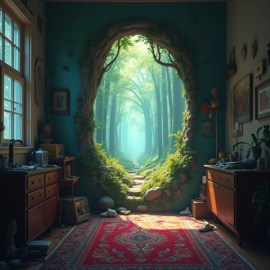 Mythical Forest Portal in Messy Bedroom, Fantasy Concept Art