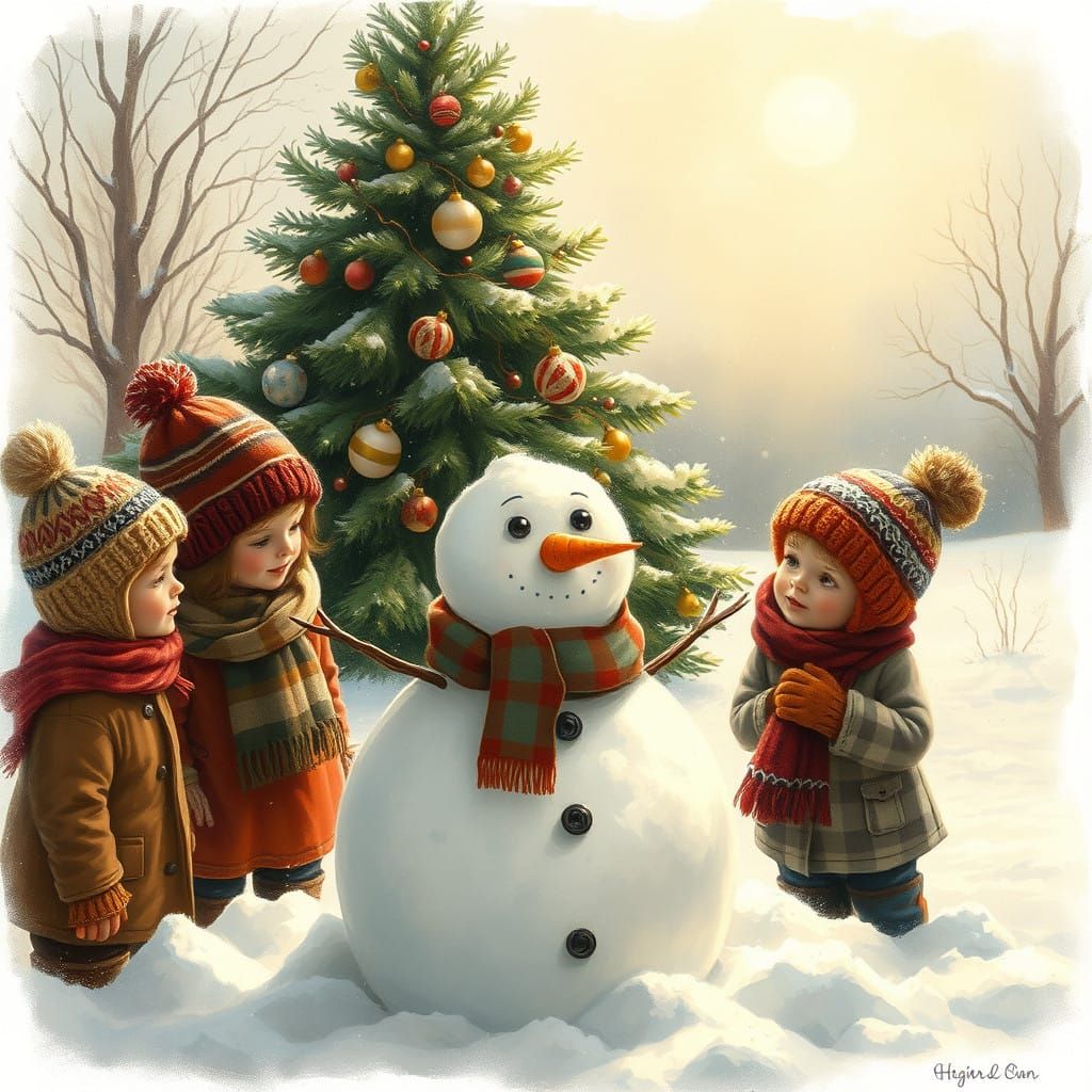 Children Cozy Around a Festive Snowman in Winter Wonderland