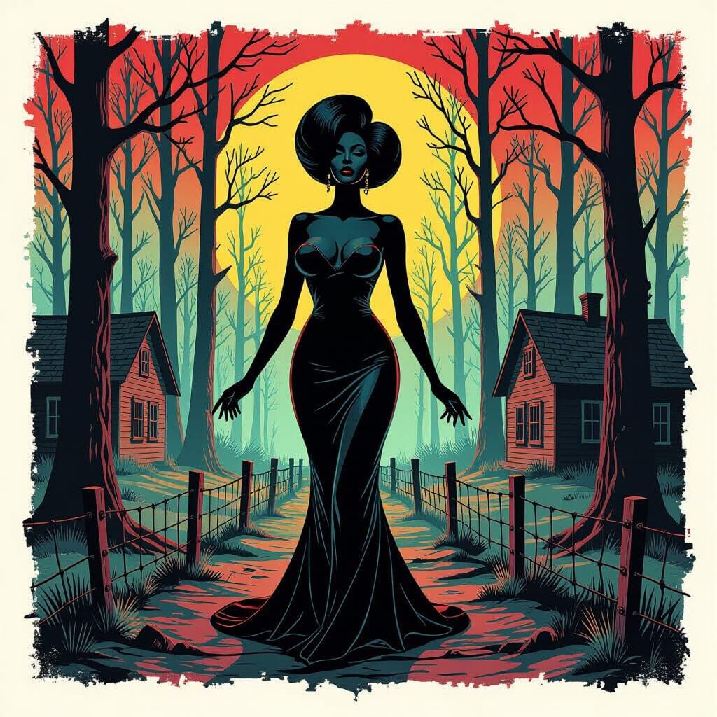 Surreal Black Woman in Dreamwave Forest, Bacon Style