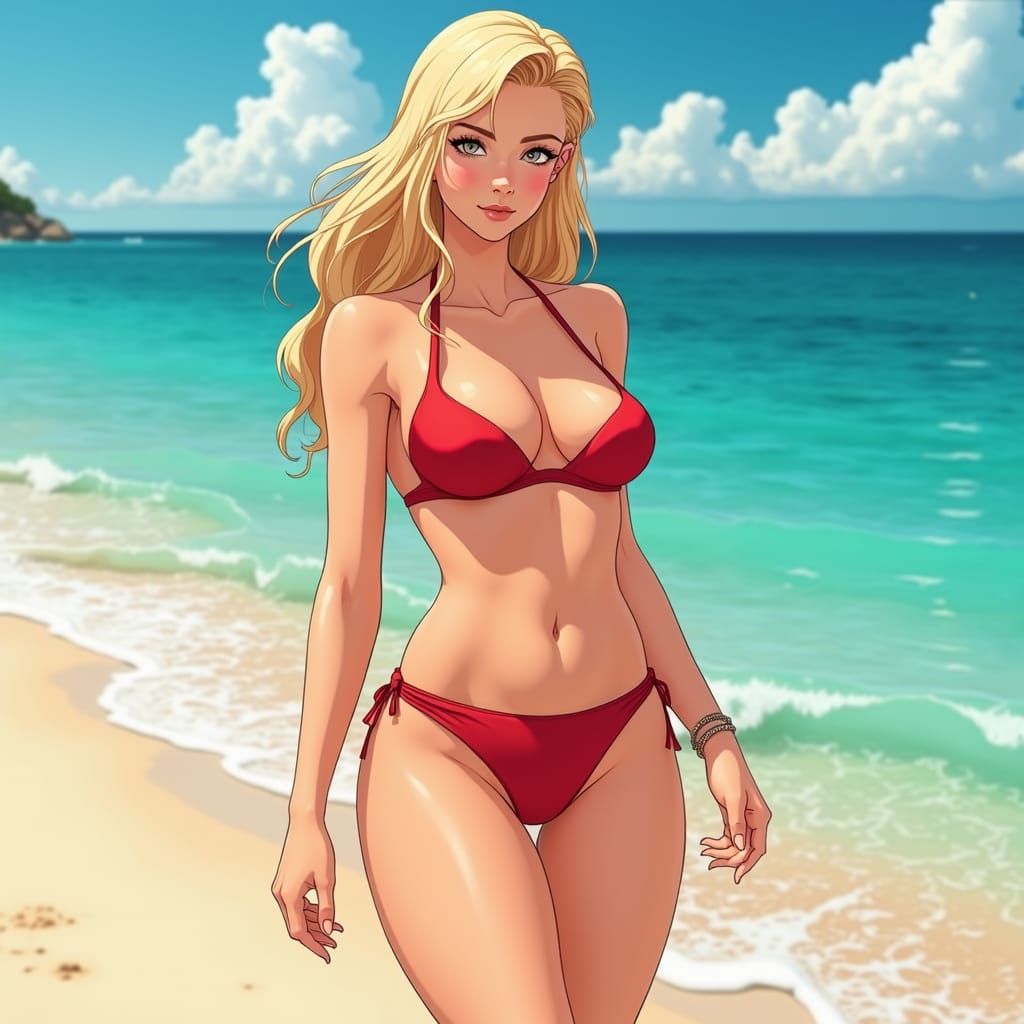 Anime Style Woman in Red Bikini on Beach