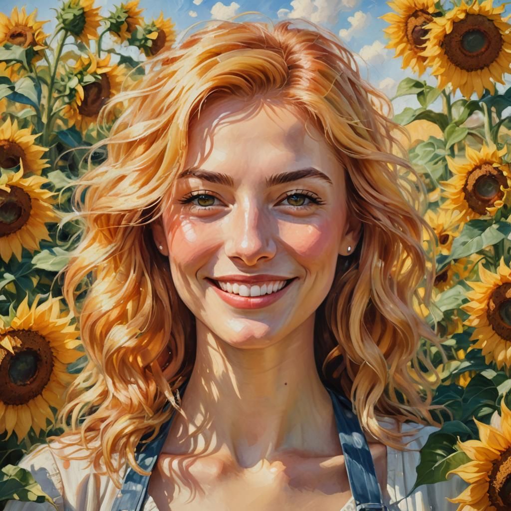 Smiling Woman in Sunflower Field: Impressionist Oil Painting