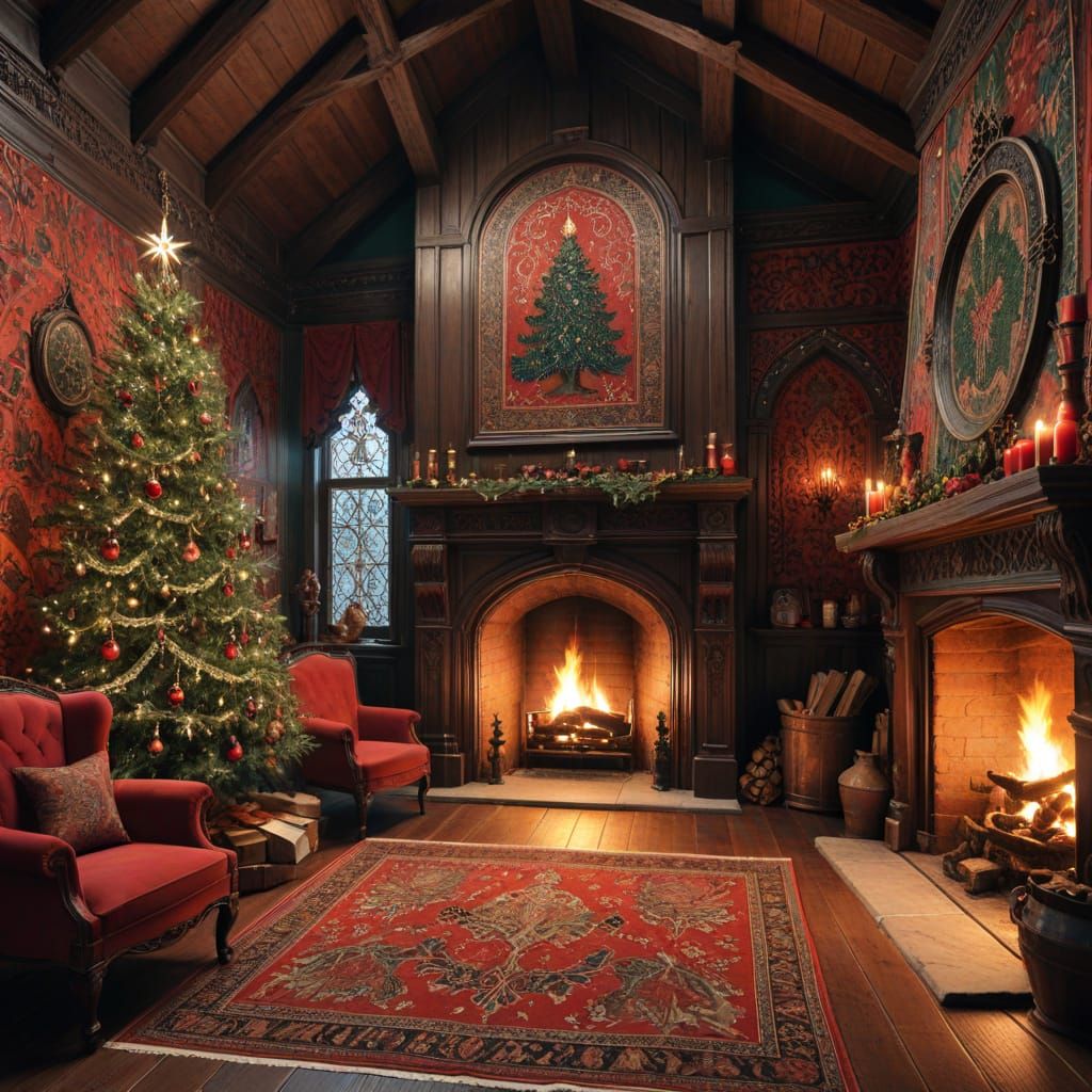 Medieval Christmas Room Illustration with Gothic Details