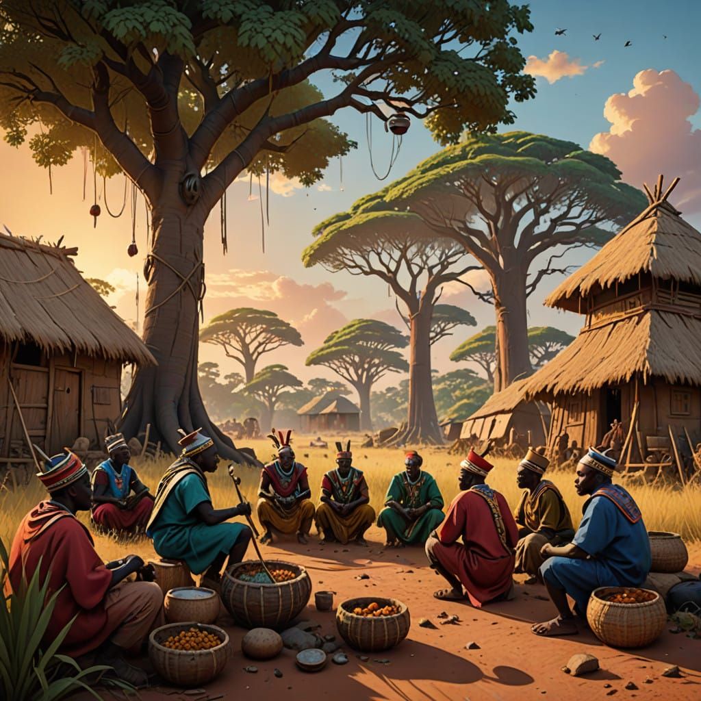 Vibrant African Village Life Unfolds Under Golden Sunset