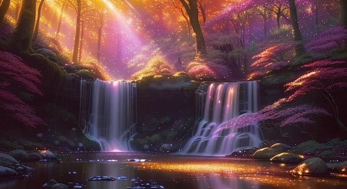 Enchanted Forest: Autumn Sunset with Astral Fireflies