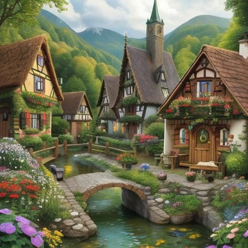 Enchanting Art Nouveau Miniature Village with Cozy Houses