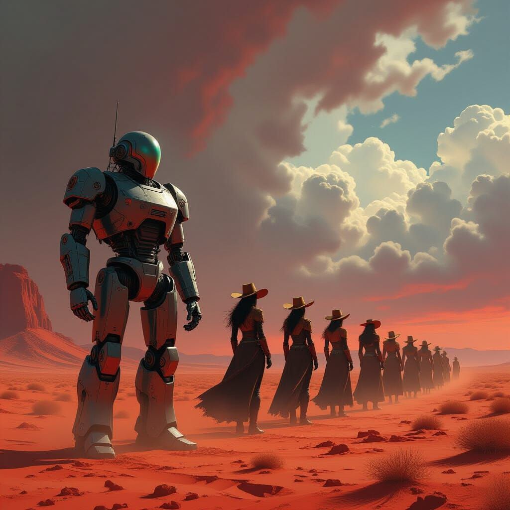 Cowgirls and Robots in a Red Desert Under Stormy Skies
