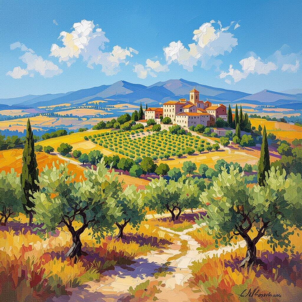 Vivid Oil Painting of Mediterranean Village on Sunny Hill