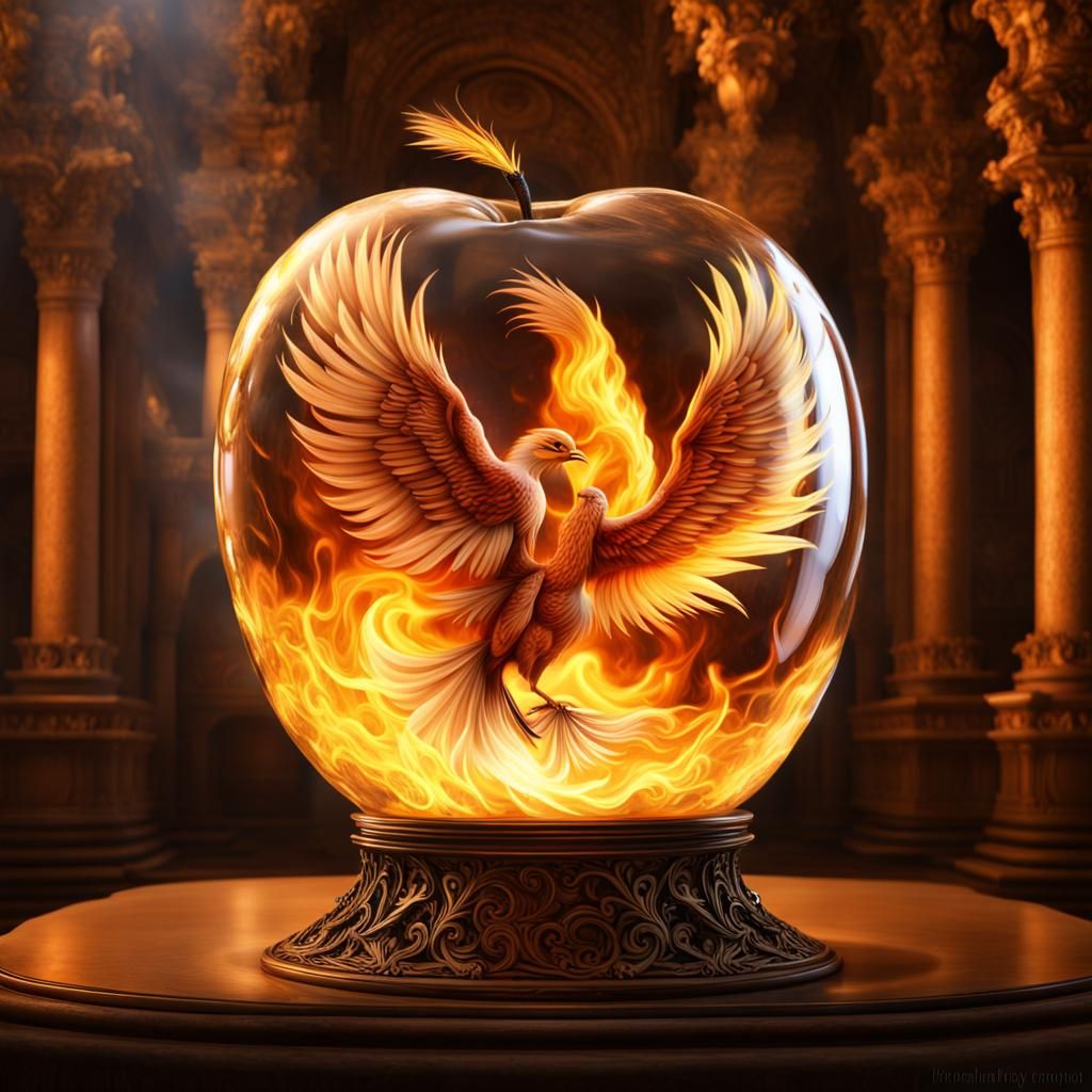 Phoenix in Crystal Apple: Hyperrealistic Fantasy