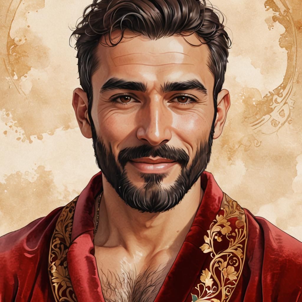 Handsome Man in Red Velvet Robe, Art Nouveau Style