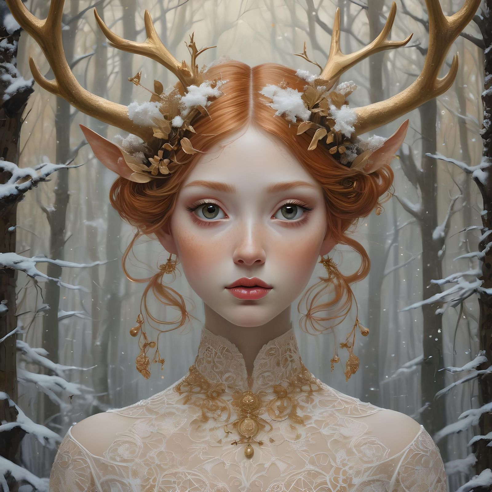 Copper-Haired Girl with Antlers in Forest Scene